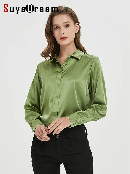SuyaDream Woman Solid Shirts 93%Real Silk 7%Spandex Long Sleeves Chic Blouses, 2025 Spring Autumn Office Lady Top