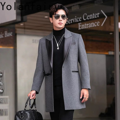 YOLANFAIRY 2025 Autumn Genuine Sheepskin Patchwork Wool Coat Man Clothing Men's Mid-length Suit Windbreaker Trendy Woolen Jacket