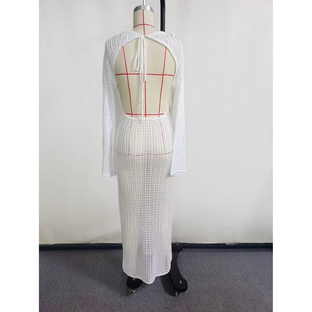3D Flower V Neck Long Sleeve Crochet Knitted Tunic Beach Cover Up Cover-ups Beach Dress Beach Wear Beachwear Female Women V5852