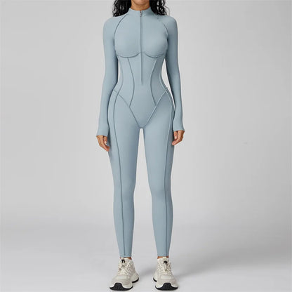 TRY TO BN Gym Jumpsuit Half Zipper Sports Stripe Fitness Bodysuit One-Piece Workout Activewear Tights Woman Suits Yoga Clothing