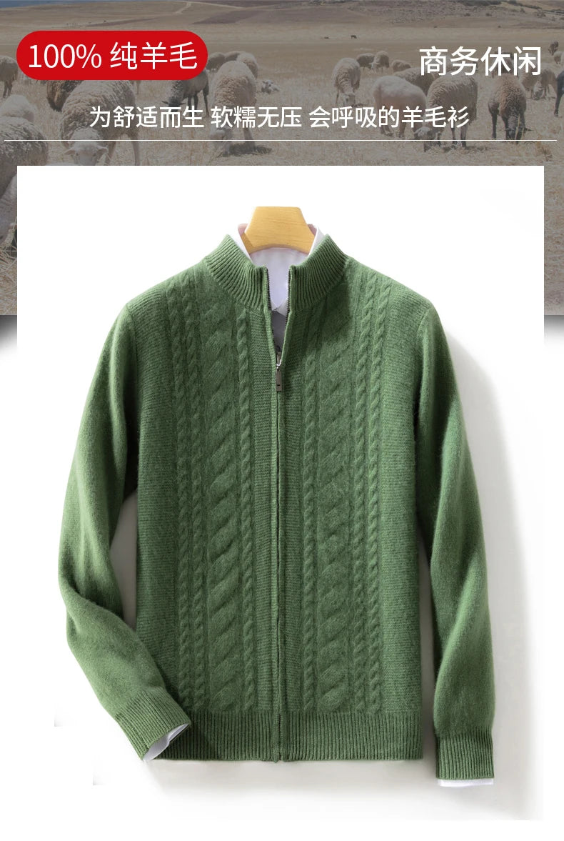 High Quality Men Mock Collar Twisted Cardigan Autumn Winter Thick Zipper 100% Merino Wool Sweater Casual Coat Cashmere Knitwear