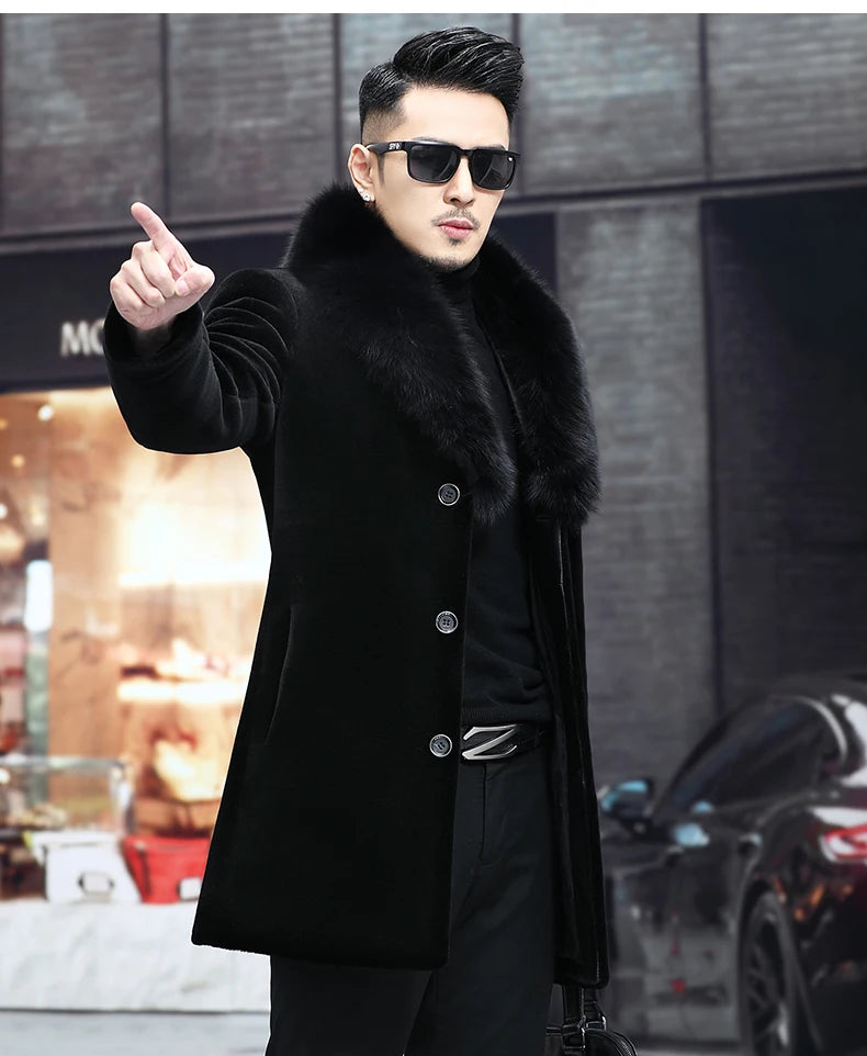 6XL Winter Jacket for Men Sheep Shearling Down Coat Men's Large Fur Collar Midi Long 100% Wool Real Fur Coats and Jackets FCY