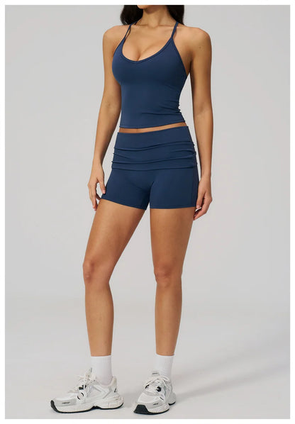 TRY TO BN Two Pieces Women's Tracksuit Vest Sling Top Set Fold-over Waist Yoga Shorts Hip Lifting Running Fitness Gym Activewear