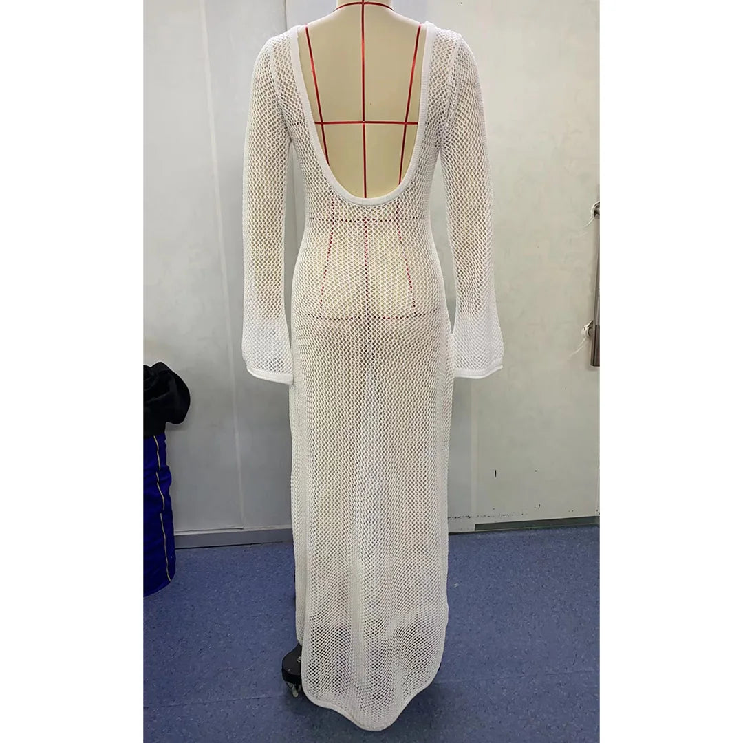 Sexy Long Sleeve Hollow Out Crochet Knitted Tunic Beach Cover Up Cover-ups Beach Dress Beach Wear Beachwear Female Women V5319