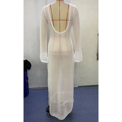 Sexy Long Sleeve Hollow Out Crochet Knitted Tunic Beach Cover Up Cover-ups Beach Dress Beach Wear Beachwear Female Women V5319