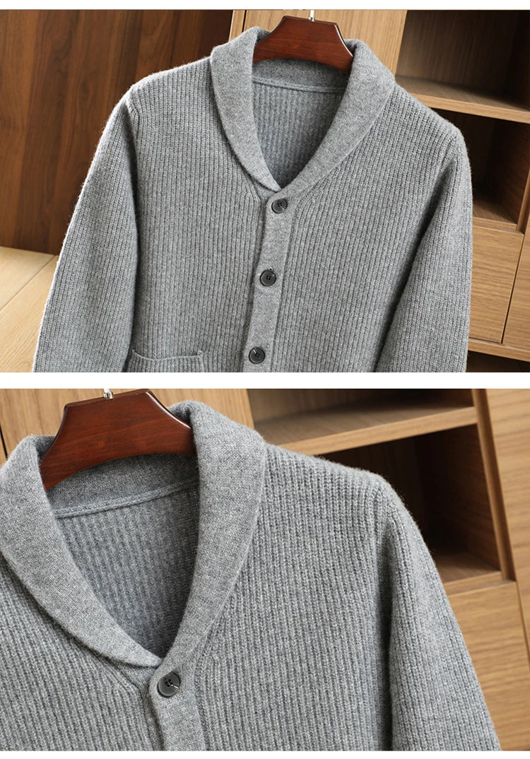 Men High Quality Polo Collar Cardigan Autumn Winter Thick Buttons 100% Merino Wool Sweater Smart Casual Coat Cashmere Knitwear