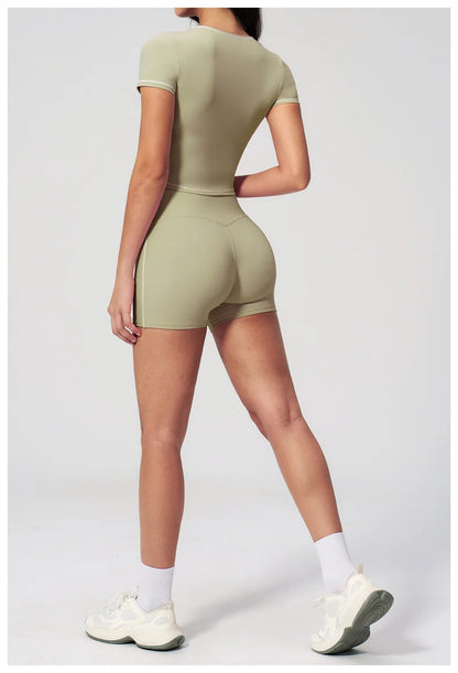TRY TO BN 2 Pieces Women's Tracksuit Yoga Short Sleeves Top Sets High Waist Shorts Contrasting Color Running Fitness Gym Clothes