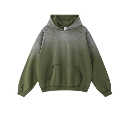 Custom LOGO men's 2025 autumn 370G heavy 100% cotton gradual change hole hooded sweater straight trousers set