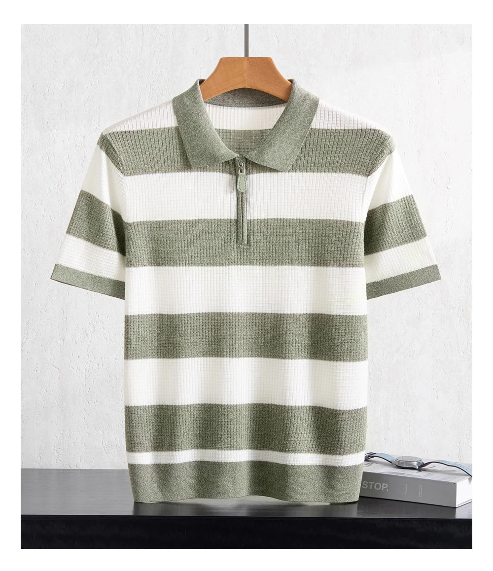 Men's 100% Lyocell POLO Collar Striped T-Shirt Knit Pullover Summer New Bussiness Casual Half-zip Short-sleeved Jumper Menswear