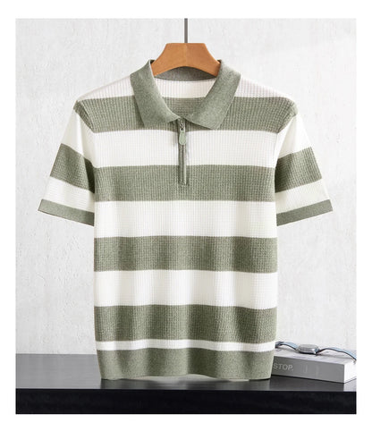 Men's 100% Lyocell POLO Collar Striped T-Shirt Knit Pullover Summer New Bussiness Casual Half-zip Short-sleeved Jumper Menswear