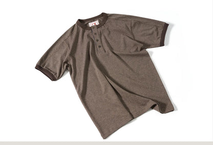 Men's American Retro T-shirt Heavyweight Loose Fit Short Sleeve Henry Collar Neutral Design Casual Loose Shirt