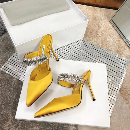 Women's 2022 Pump Summer New Rhinestone Chain Slippers High Heels Stiletto Pointed Shallow Mouth Silk Sandals Outer Wear