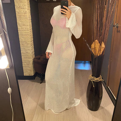 Sexy Long Sleeve Hollow Out Crochet Knitted Tunic Beach Cover Up Cover-ups Beach Dress Beach Wear Beachwear Female Women V5319