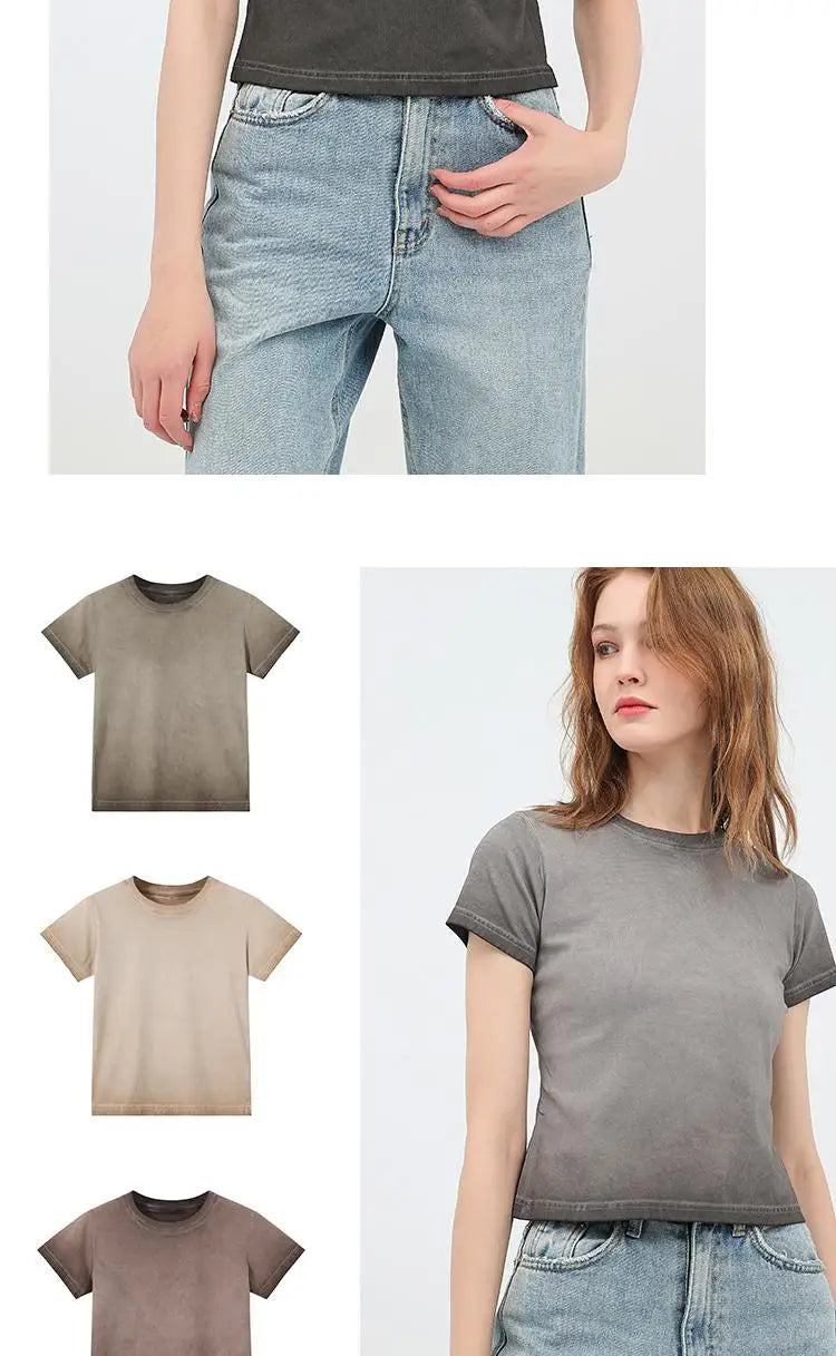 Female 240GSM Gradient Washed Custom LOGO Solid Slim  T-Shirt Soft Cotton Streetwear Casual Short Sleeve Cool Retro For Women