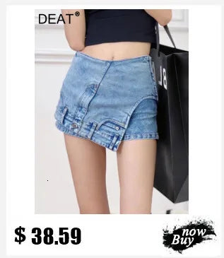 DEAT Fashion Distressed Ripped Wide Leg Jeans Women's Low Waist Frayed Hem Blue Denim Pants Summer New 7A4508
