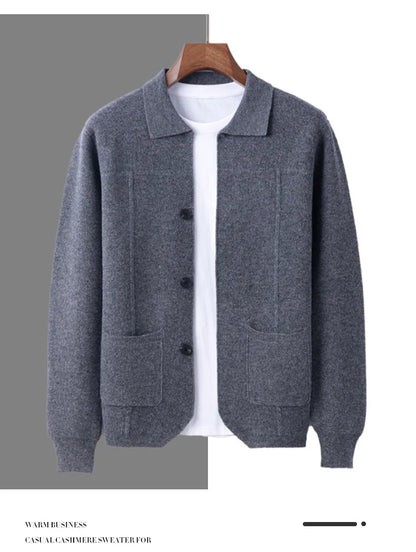 100% Merino Wool Men's Lapel Collar Knit Cardigan Autumn Winter Thicken Solid Color POLO Neck Suit Shirt Cashmere Jacket Sweater