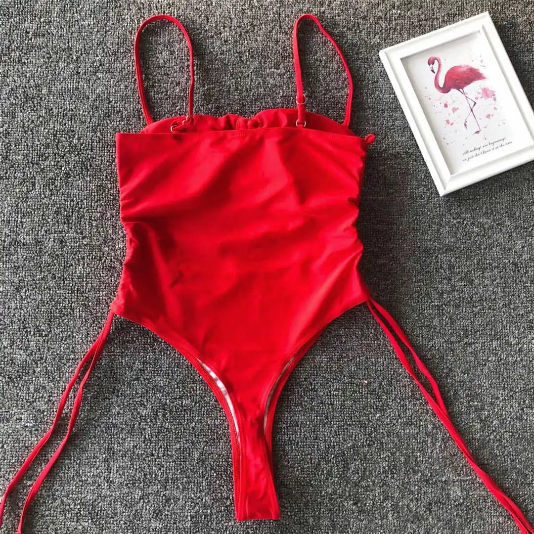 Sexy Lace Up Tummy Cut Out Monokini One Piece Swimsuit Women Swimwear Female Leopard Thong Bather Bathing Suit Swim Wear V1290