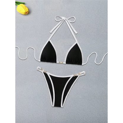 Black White Pearls High Cut Bikini Female Swimsuit Women Swimwear Two-pieces Bikini set Ribbed Bather Bathing Suit Swim V6315