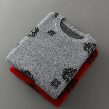 Men's 100% Pure Wool Sweater O-Neck Loose Pullover Autumn/Winter New Embroidery Business Casual Cashmere Tops Knit Bottom Shirt