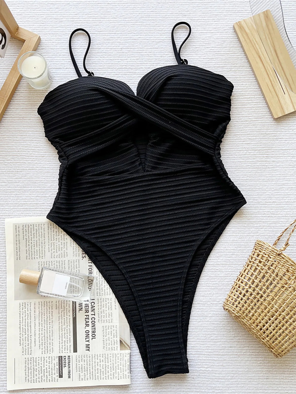 Sexy Ribbed Cut Out U Neck Women Swimwear One Piece Swimsuit Female Monokini High Cut Leg Padded Bather Bathing Suit Swim V7604