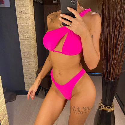 Sexy Cut Out One Shoulder Brazilian Bikini Women Swimwear Female Swimsuit Two-pieces Bikini set Bather Bathing Suit Swim V4515