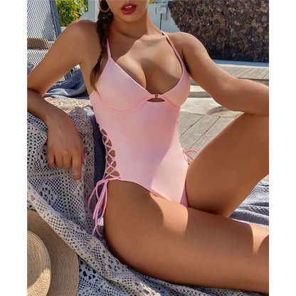 S - XL Sexy Lace Up Underwired One Piece Swimsuit Women Swimwear Female Backless Monokini Bather Bathing Suit Swim Lady V2906
