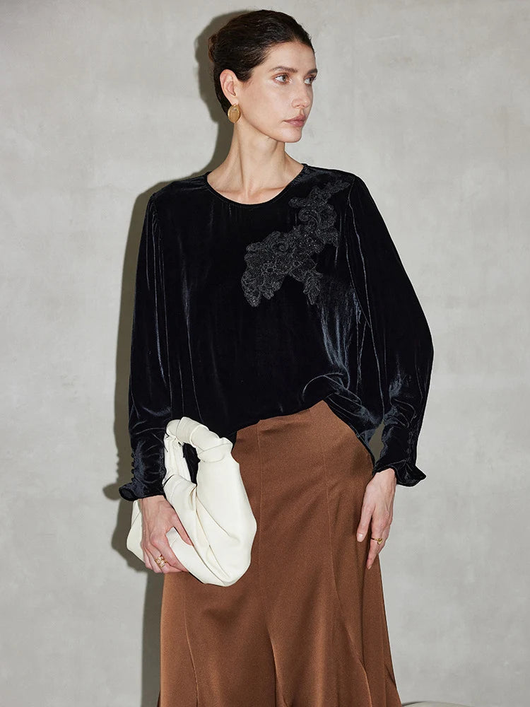 SuyaDream Women Black Blouses, 100%Silk Velour, Round Collar, Elegant Embriodery Velvet Shirts, 2026 Spring Summer Casual Top