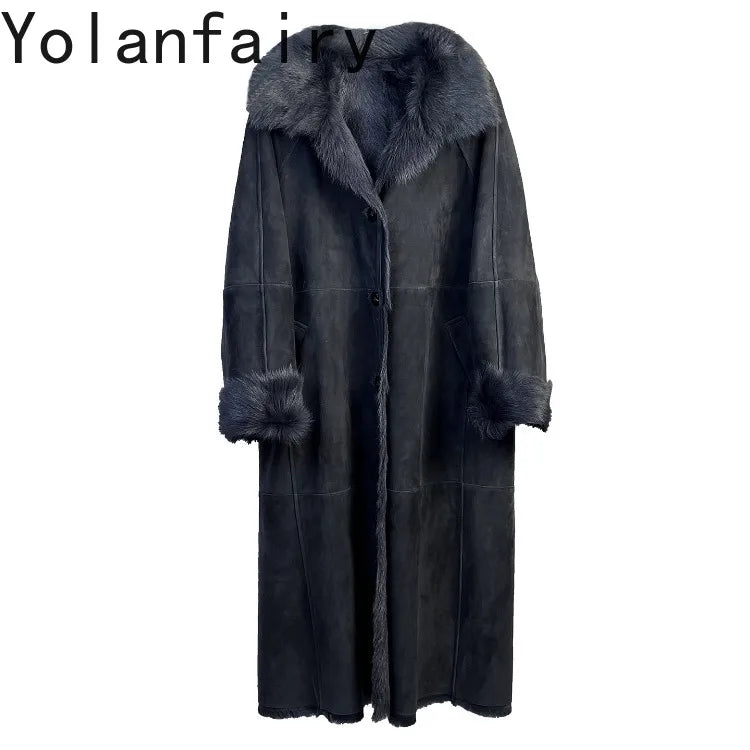 YOLANFAIRY Real Goatskin Leather Fur Coats for Women Winter High-end Natural Fur Coat Lazy Style Long Leather Jacket Luxury Wear