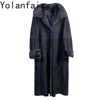 YOLANFAIRY Real Goatskin Leather Fur Coats for Women Winter High-end Natural Fur Coat Lazy Style Long Leather Jacket Luxury Wear