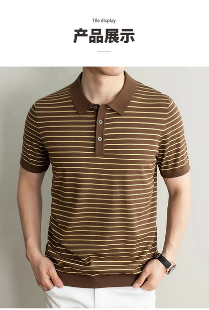 Men's Lyocell shirt summer new casual striped short sleeved T-shirt Polo collar breathable comfortable knitted pullover