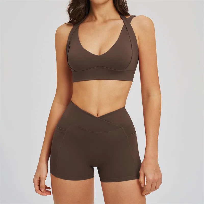 TRY TO BN Women's Tracksuit Shorts Sports Gym Set Halter Neck Fitness Cross Waisted Short Running Two Pieces Suits Yoga Clothing