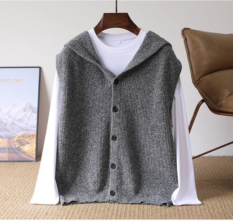 2025 Autumn/Winter Men's Vest 100% Merino Wool Knit Hooded Cardigan Casual Loose Sleeveless Solid Color Men's Cashmere Sweater
