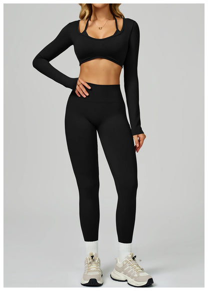 Women Sexy Solid Crop Tops Gym Workout Shirts Yoga Sports Long Sleeve Female Fitness T-Shirt Exposed Navel Quick Dry Sports Tops