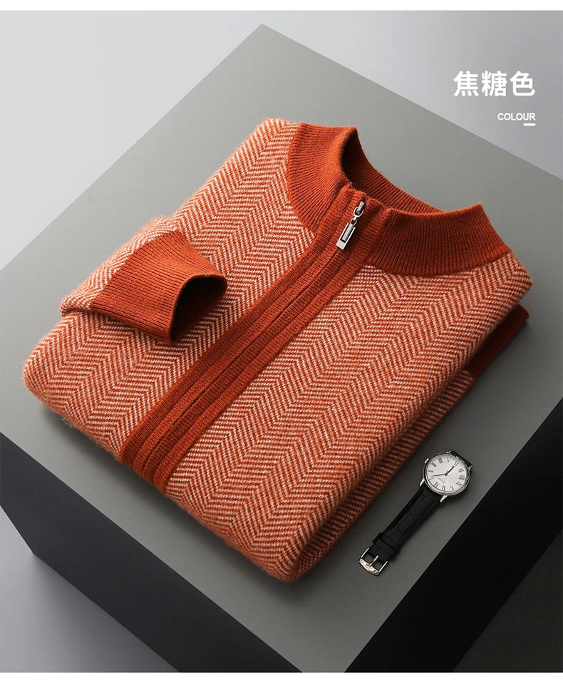 Autumn Winter 100% Merino Wool Knitted Zipper Cardigan Men's Half High Collar Herringbone Pattern Thick Coat Casual Warm Jacket