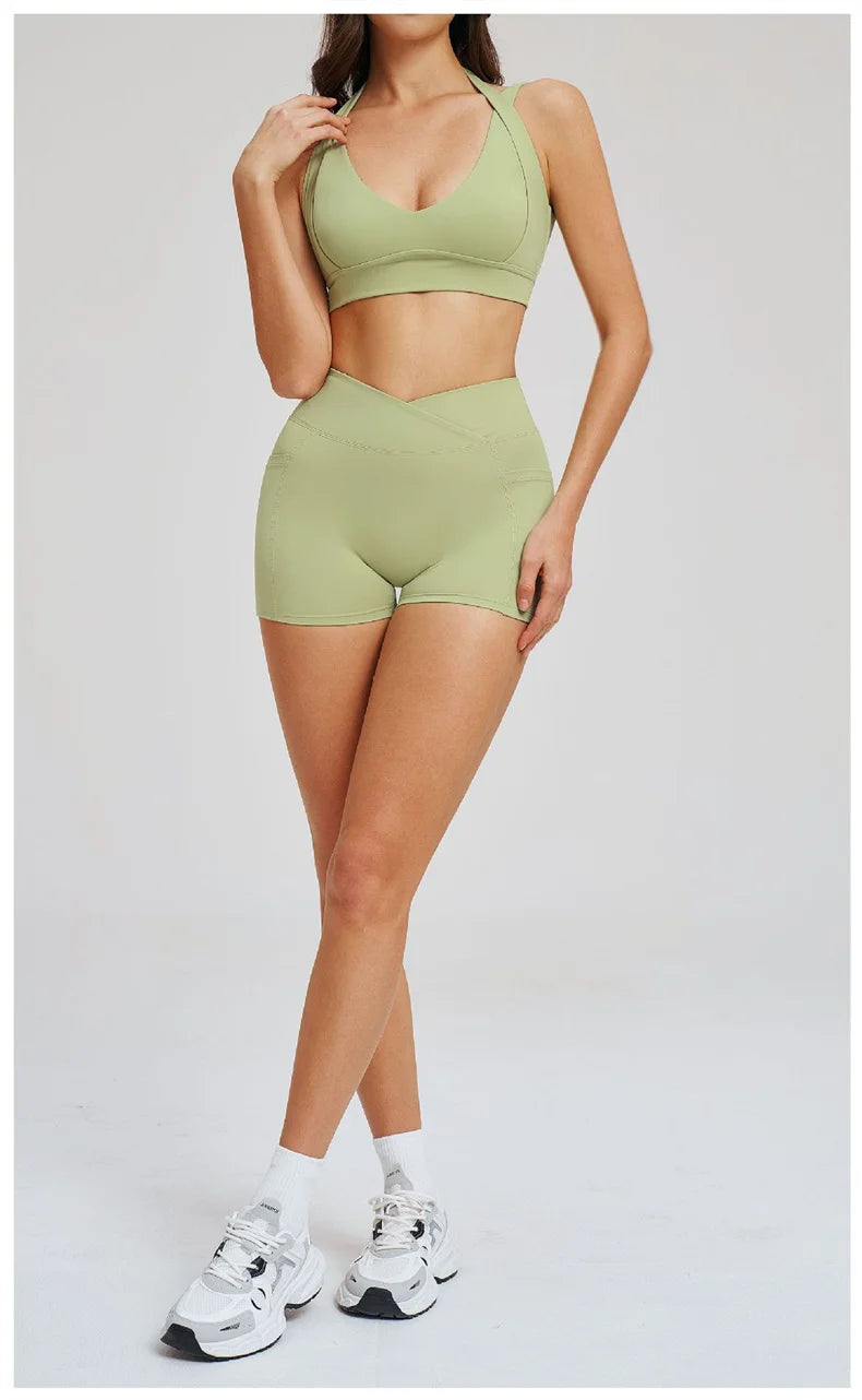 TRY TO BN Women's Tracksuit Shorts Sports Gym Set Halter Neck Fitness Cross Waisted Short Running Two Pieces Suits Yoga Clothing