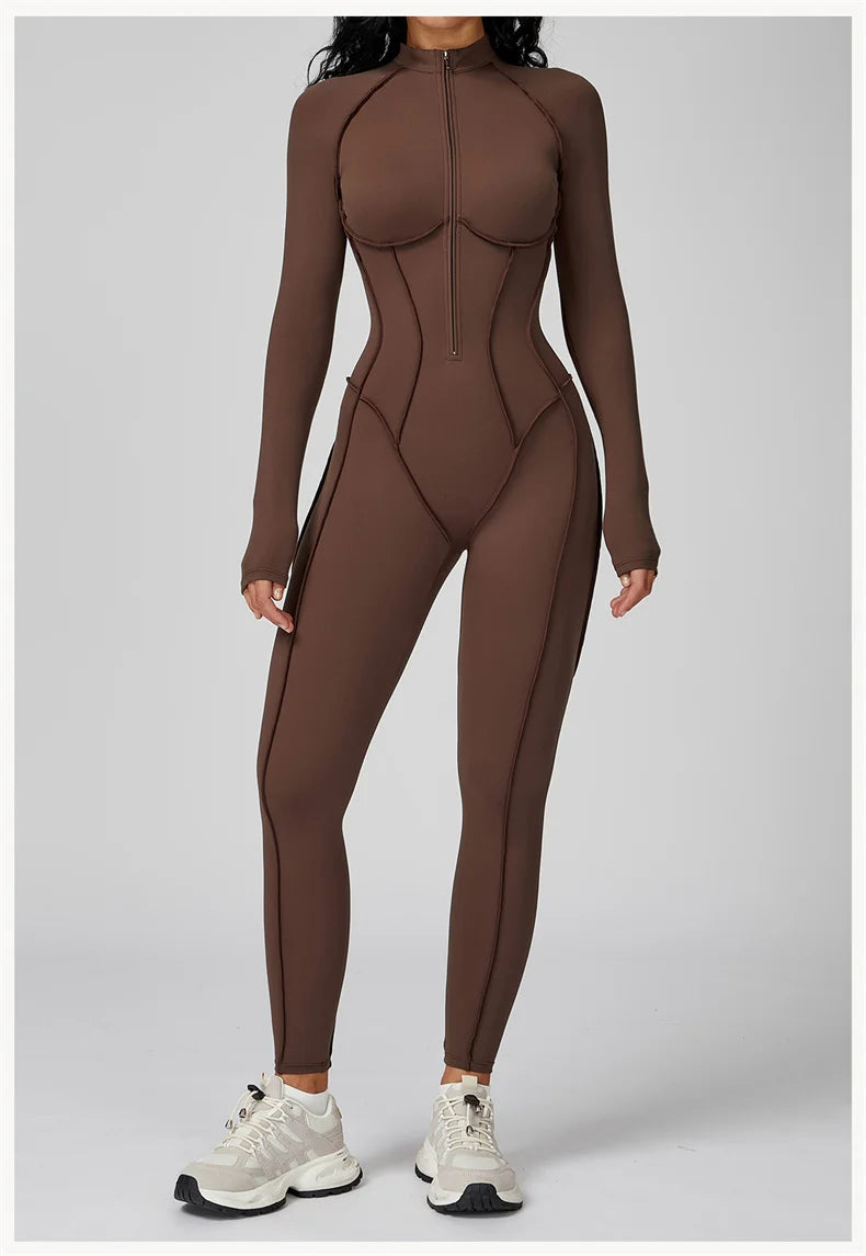 TRY TO BN Gym Jumpsuit Half Zipper Sports Stripe Fitness Bodysuit One-Piece Workout Activewear Tights Woman Suits Yoga Clothing