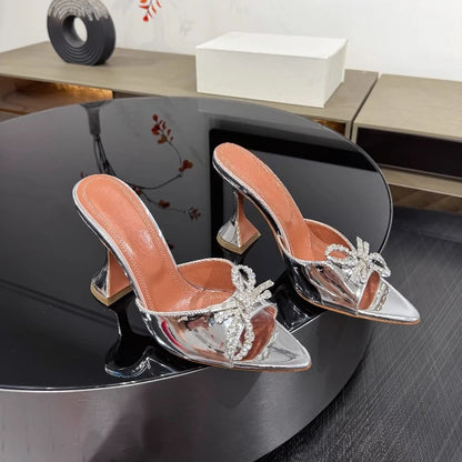 New Bow Rhinestone High-heeled Sandals Sexy Open-toed Fish Mouth Pointed Rear Empty Cool Slippers Women