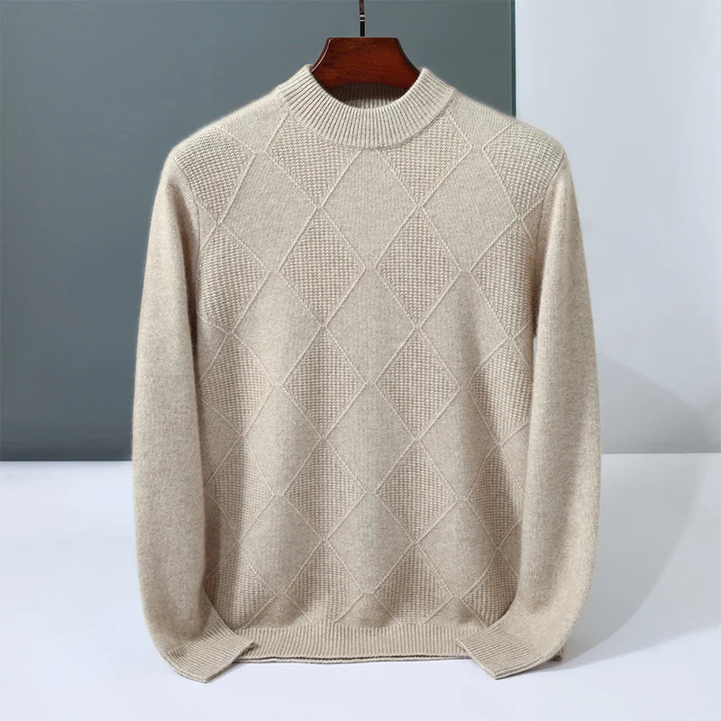 Autumn Winter New Style 100% Goat Cashmere Men's Mock Neck Diamond Knitted Base Shirt Casual Business Top Fashionable Knitwear