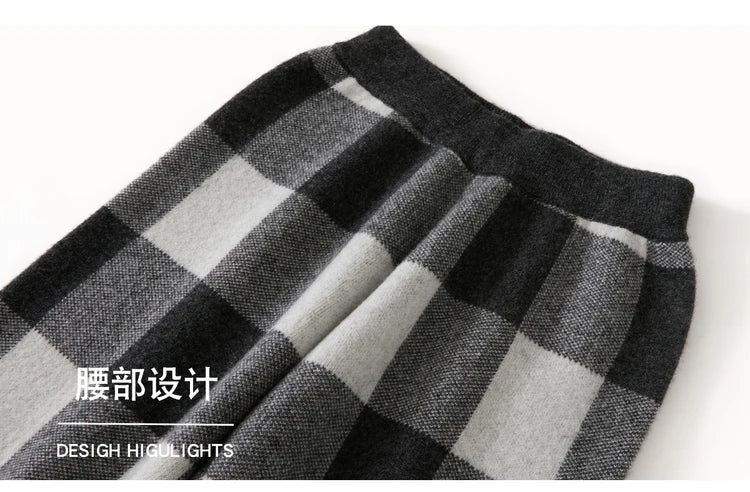 DjzDsm Autumn and Winter New Women's 100% Merino Wool Thickened High Waist Knitted Wide Leg Pants Four Flat Casual Plaid Pants
