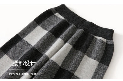 DjzDsm Autumn and Winter New Women's 100% Merino Wool Thickened High Waist Knitted Wide Leg Pants Four Flat Casual Plaid Pants
