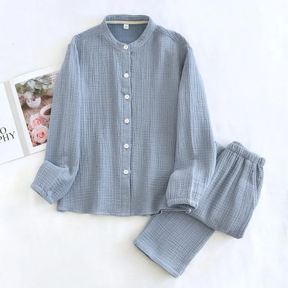 2026 Spring and Autumn New Couple Pajama Set 100% Pure Cotton Crepe Cloth Men's and Women's Stand up Neck Simple Home Clothing