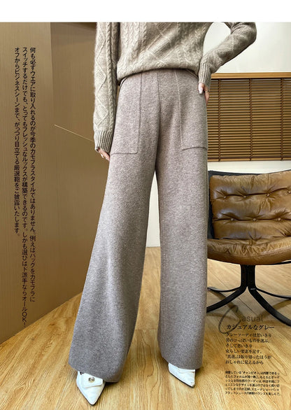 DjzDsm Women's Autumn Spring Knitted Floor-Length Wide Leg Pants 100% Merino Wool Long Trousers