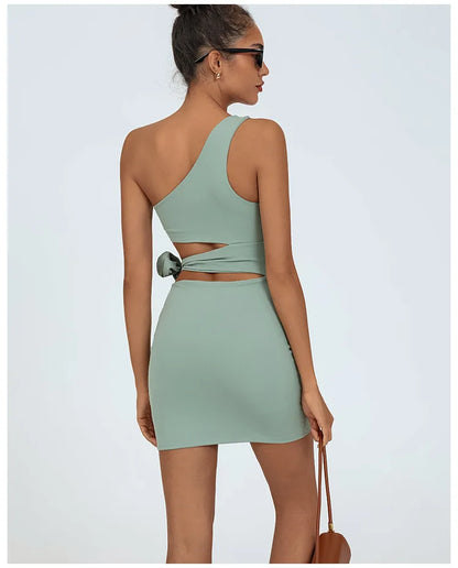 Tennis Dress Women Golf One Shoulder Hollow Out Bandage Slim Fit Fitness Tennis Short Skrit Badminton Dress One-Pieces Yoga Set