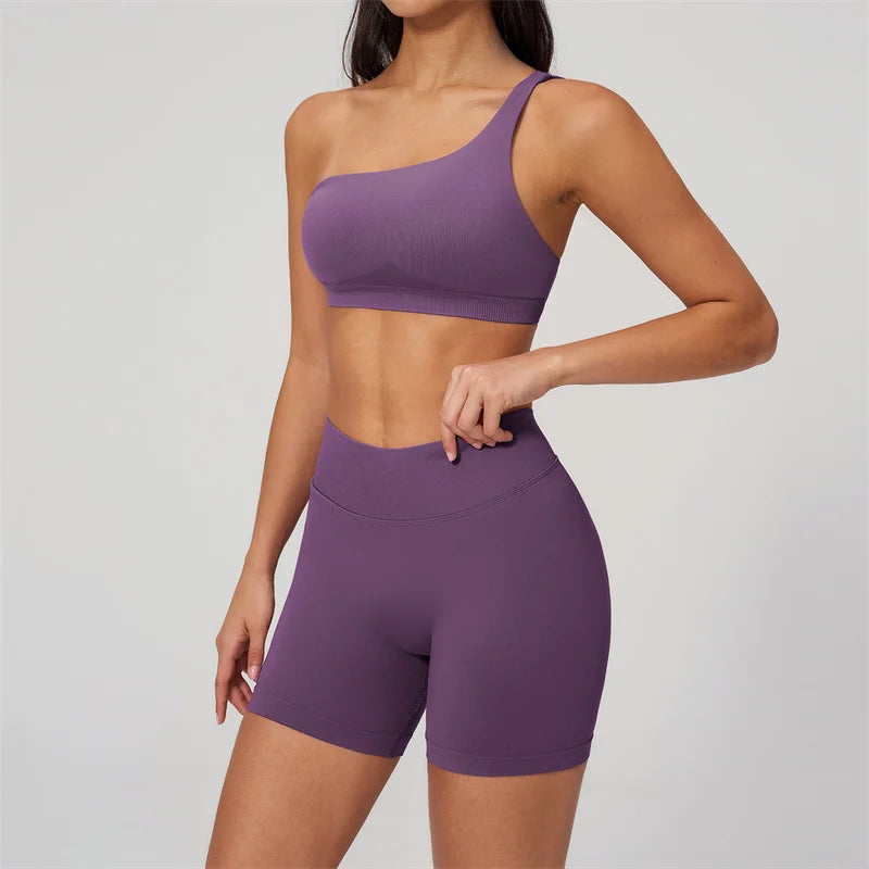 TRY TO BN Seamless Two Pieces Women's Tracksuit Yoga Shorts Set One-shoulder Hollow Backless Fitness Running Workout Gym Clothes