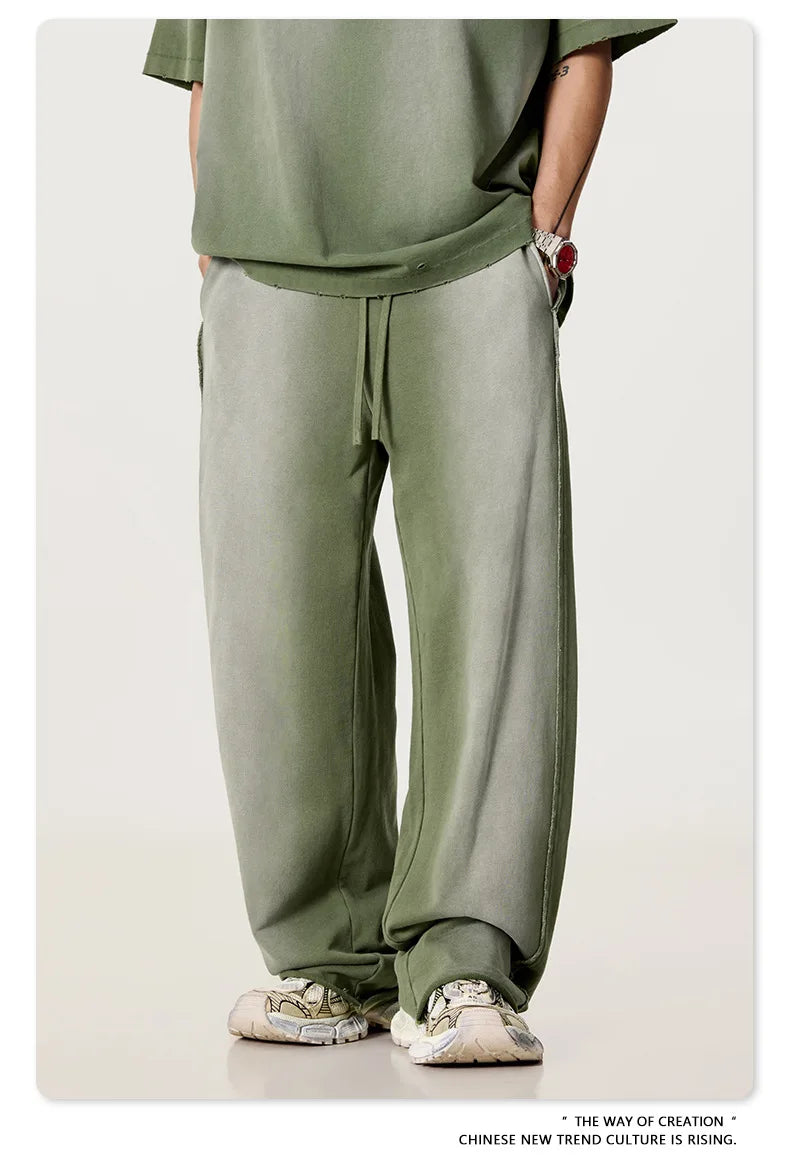 Custom LOGO men's 2025 autumn 370G heavy 100% cotton gradual change hole hooded sweater straight trousers set