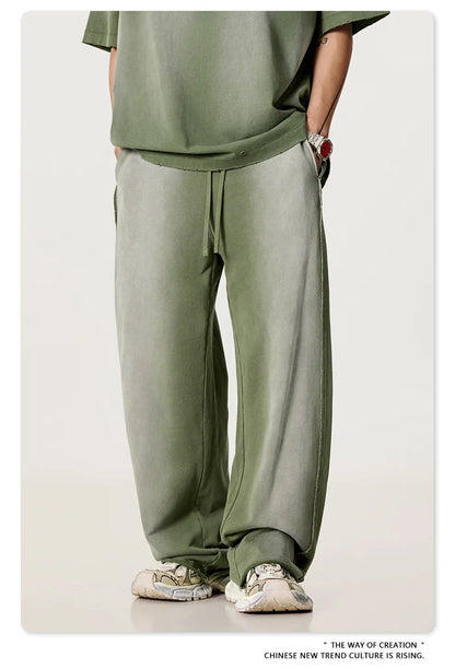 Custom LOGO men's 2025 autumn 370G heavy 100% cotton gradual change hole hooded sweater straight trousers set