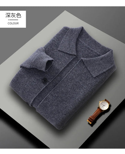 100% Merino Wool Men's Lapel Collar Knit Cardigan Autumn Winter Thicken Solid Color POLO Neck Suit Shirt Cashmere Jacket Sweater