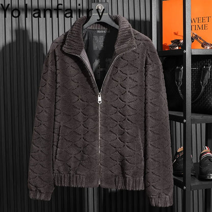 YOLANFAIRY Winter 100% Sheep Shearing Jacket Man Clothing Fashion Stand Collar Granular Lamb Fur Coat Men's Jackets chaqueta