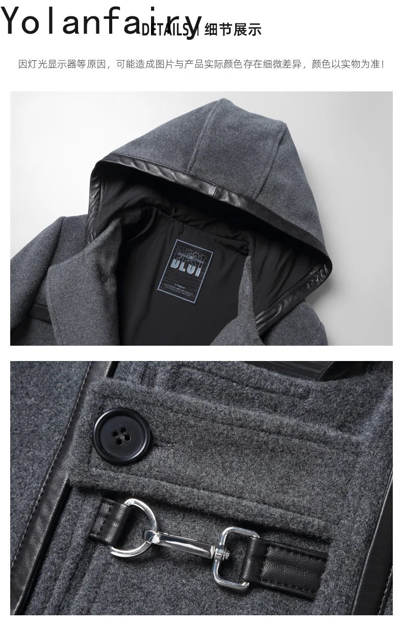 YOLANFAIRY Luxury Woolen Jackets for Man Autumn Winter Mid-length Pure Wool Patchwork Sheepskin Trench Coat Hooded Mens Jacket