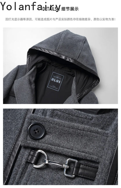 YOLANFAIRY Luxury Woolen Jackets for Man Autumn Winter Mid-length Pure Wool Patchwork Sheepskin Trench Coat Hooded Mens Jacket